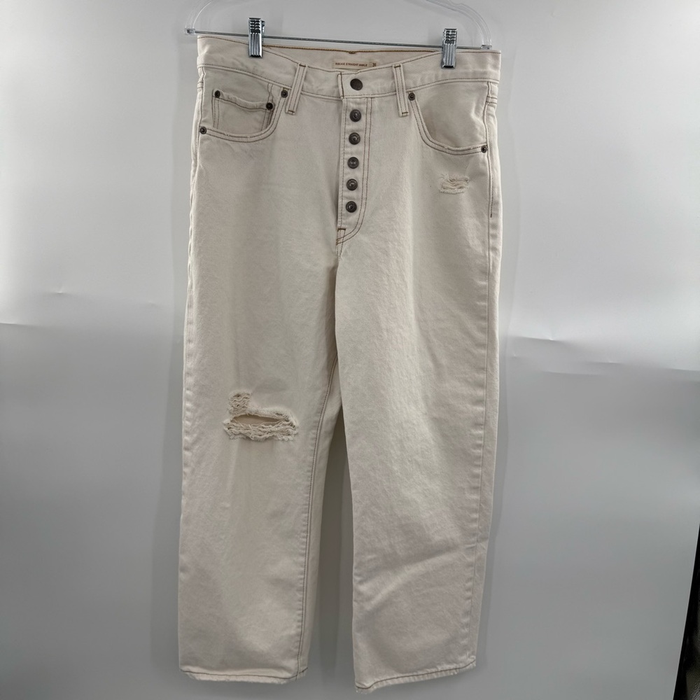 Levi’s Ribcage Straight Ankle Jeans Size 31 Ecru High Rise Button Fly Distressed - Picture 3 of 15